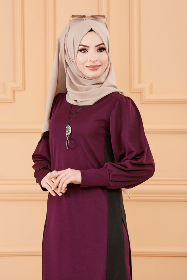 Düz Bisiklet Yaka Kadın Mürdüm TUNIK PANTOLON - 3662