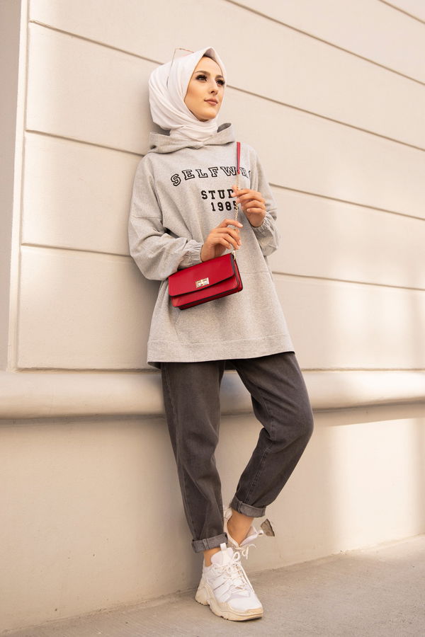Düz Orta Kadın Gri Kapsonlu Sweat - 3322 GRİ