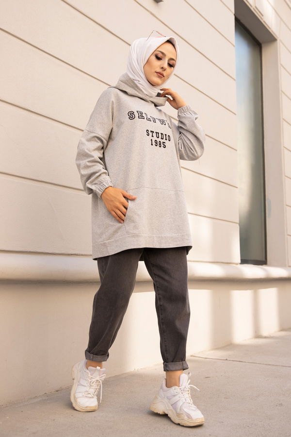 Düz Orta Kadın Gri Kapsonlu Sweat - 3322 GRİ