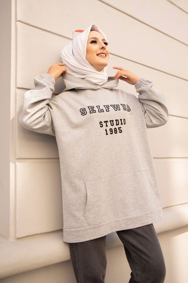 Düz Orta Kadın Gri Kapsonlu Sweat - 3322 GRİ