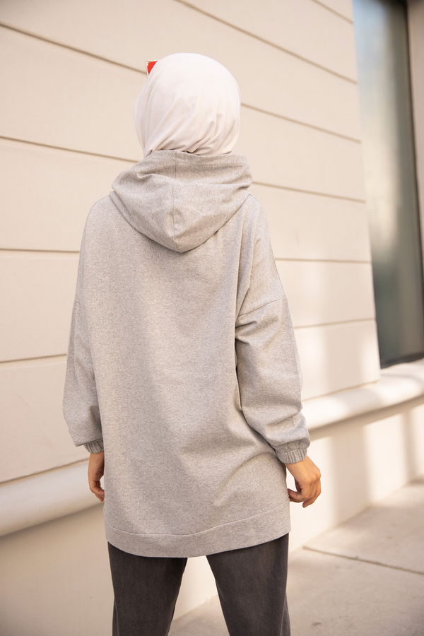 Düz Orta Kadın Gri Kapsonlu Sweat - 3322 GRİ