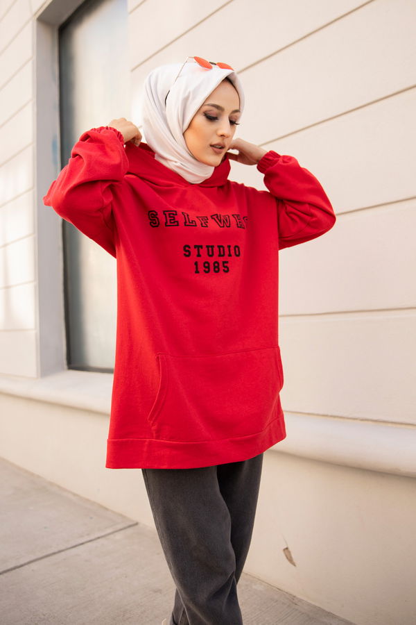 Düz Orta Kadın Kırmızı Kapsonlu Sweat - 3322 Kırmızı