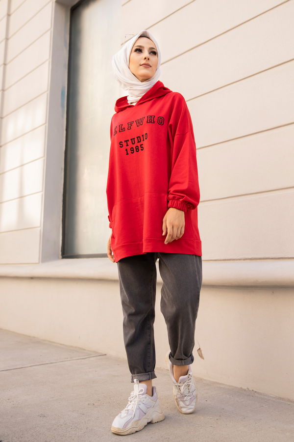Düz Orta Kadın Kırmızı Kapsonlu Sweat - 3322 Kırmızı