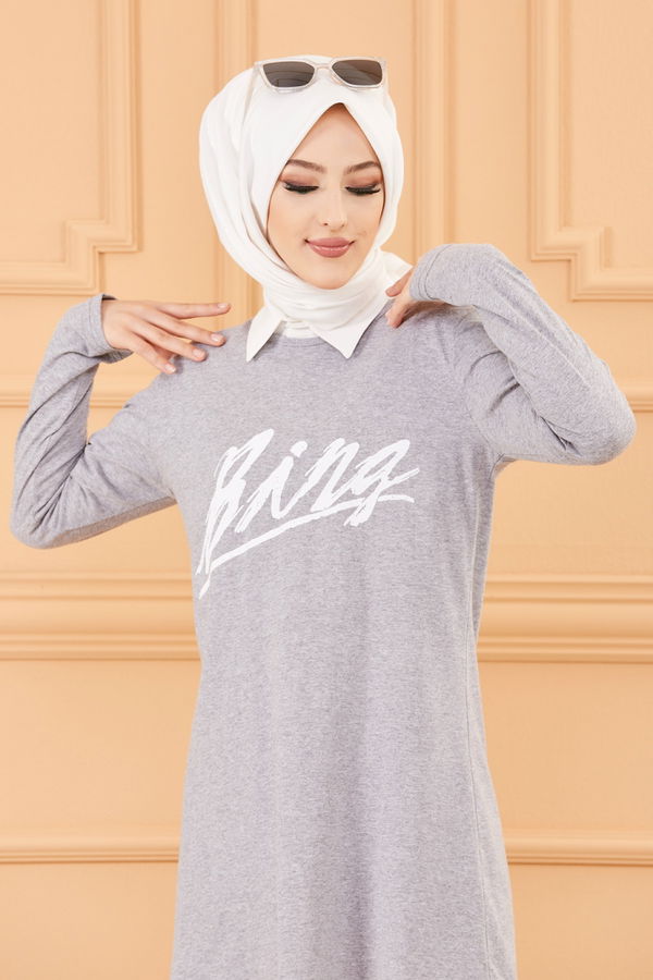 Düz Bisiklet Yaka Kadın Gri TUNIK - 3638
