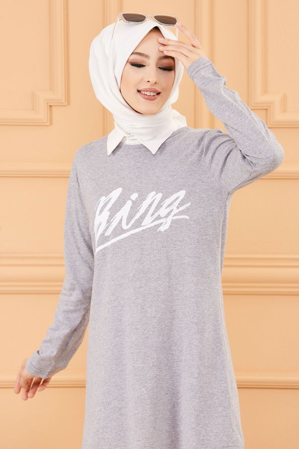 Düz Bisiklet Yaka Kadın Gri TUNIK - 3638