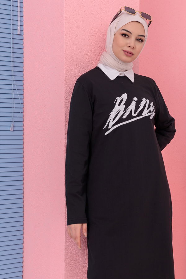 Düz Bisiklet Yaka Kadın Siyah TUNIK - 3638