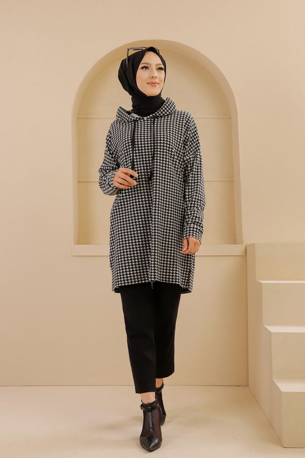 Düz Kapşonlu Yaka Kadın Siyah 3368 KAPŞONLU TUNIK - 3368