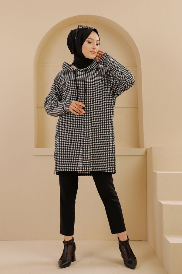 Düz Kapşonlu Yaka Kadın Siyah 3368 KAPŞONLU TUNIK - 3368