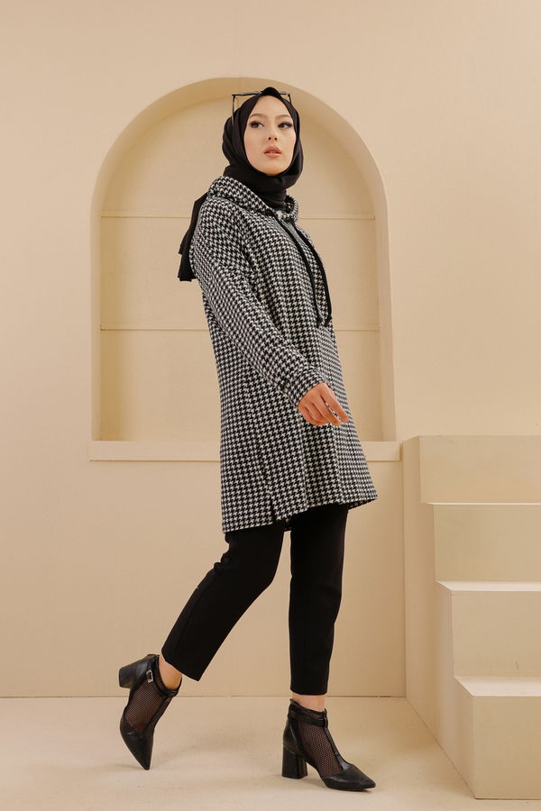 Düz Kapşonlu Yaka Kadın Siyah 3368 KAPŞONLU TUNIK - 3368