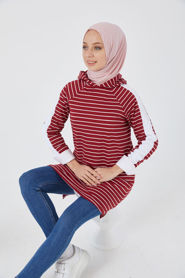 Düz Kapsonlu Yaka Kadın Bordo TUNIK - 3738 BORDO
