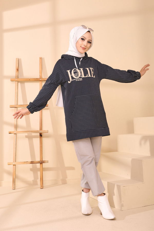 Düz Kapşonlu Yaka Kadın Lacivert 4160 TUNIK - 4160