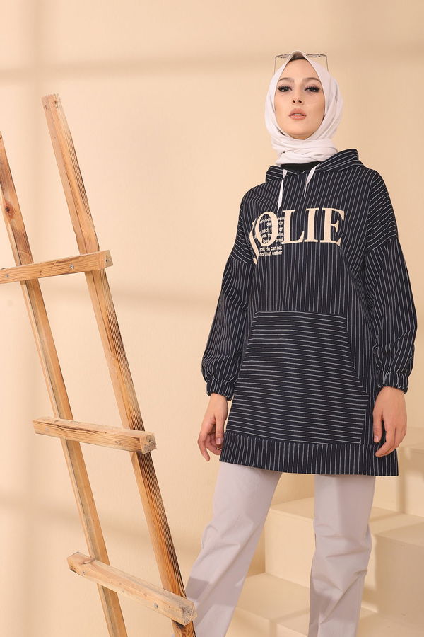 Düz Kapşonlu Yaka Kadın Lacivert 4160 TUNIK - 4160