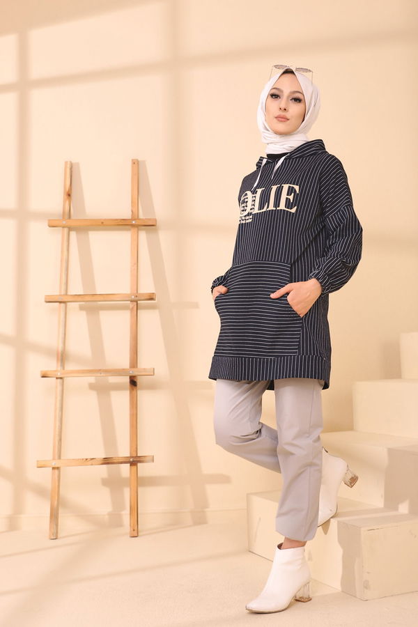 Düz Kapşonlu Yaka Kadın Lacivert 4160 TUNIK - 4160