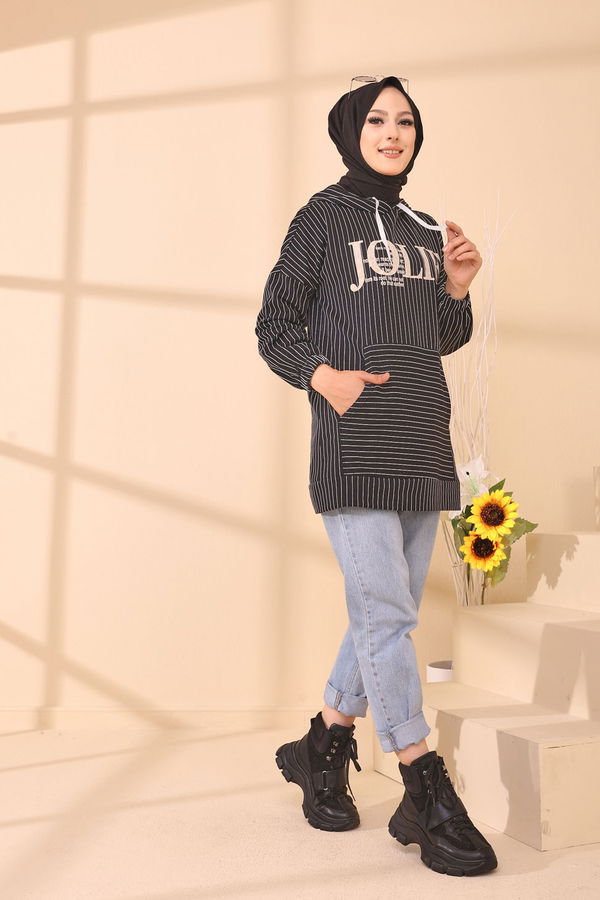 Düz Kapşonlu Yaka Kadın Siyah 4160 TUNIK - 4160