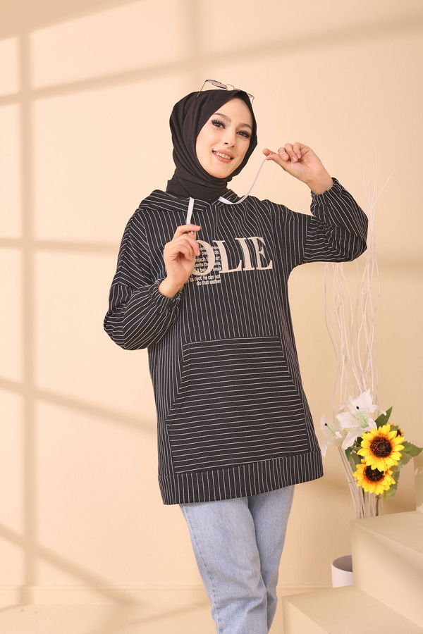 Düz Kapşonlu Yaka Kadın Siyah 4160 TUNIK - 4160