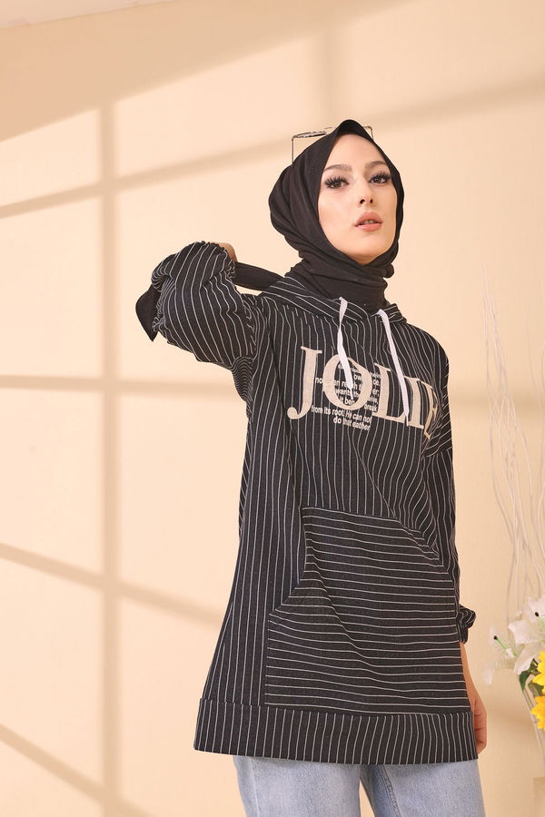 Düz Kapşonlu Yaka Kadın Siyah 4160 TUNIK - 4160
