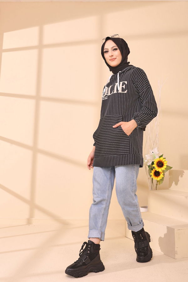 Düz Kapşonlu Yaka Kadın Siyah 4160 TUNIK - 4160