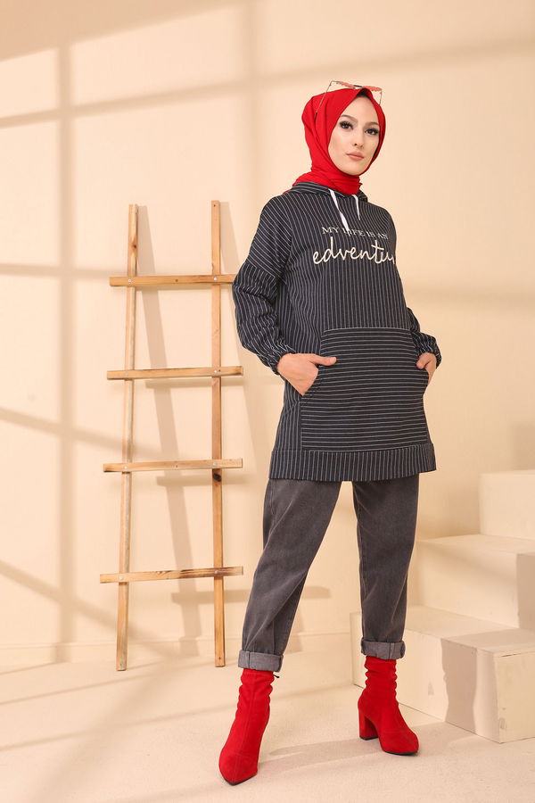 Düz Kapşonlu Yaka Kadın Antrasit 4161 TUNIK - 4161 ANTRASİT