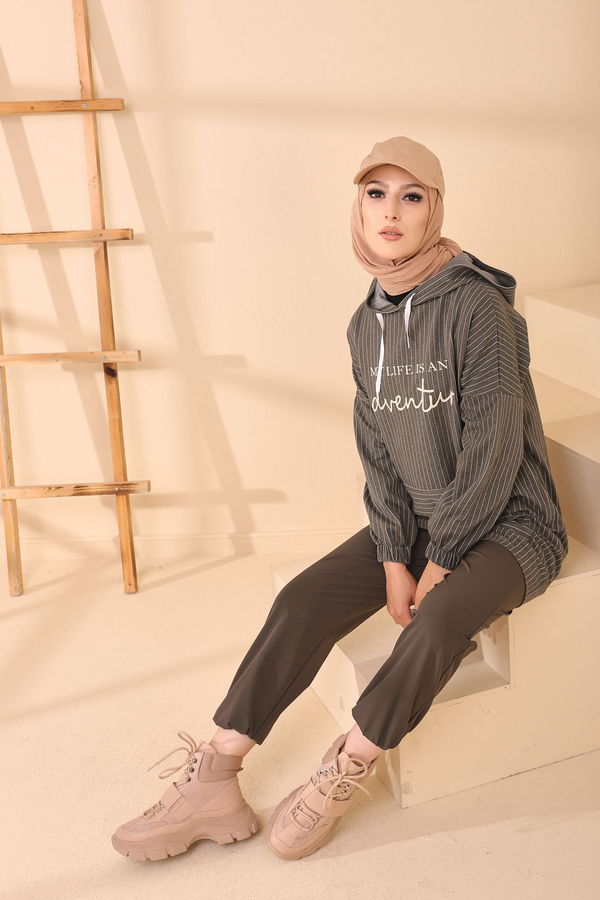 Düz Kapşonlu Yaka Kadın Haki 4161 TUNIK - 4161 HAKİ