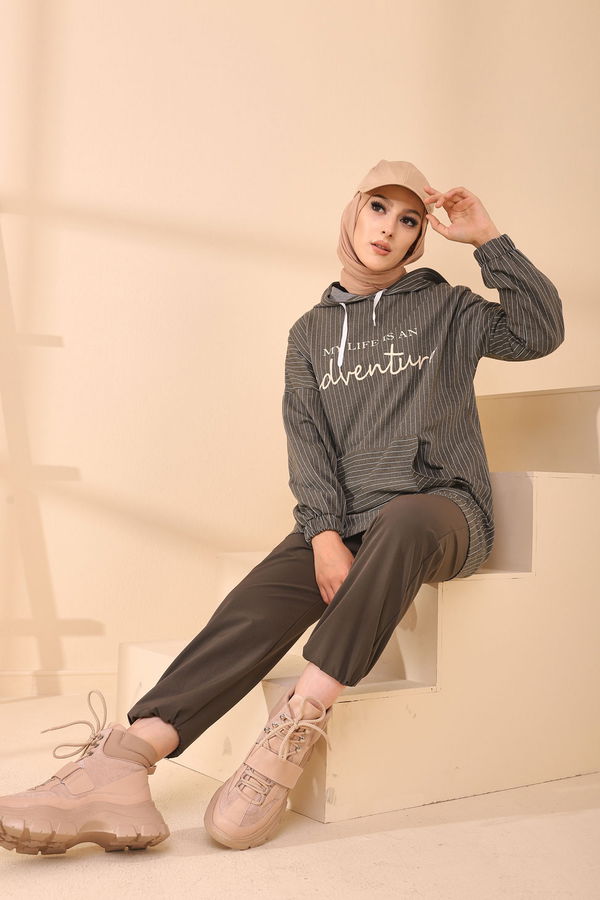 Düz Kapşonlu Yaka Kadın Haki 4161 TUNIK - 4161 HAKİ