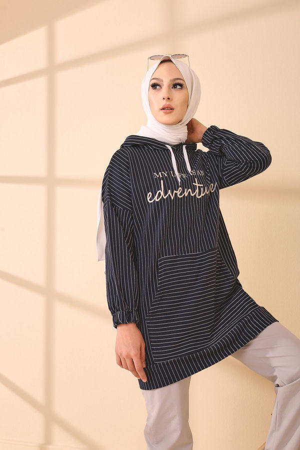 Düz Kapşonlu Yaka Kadın Lacivert 4161 TUNIK - 4161 LACİVERT