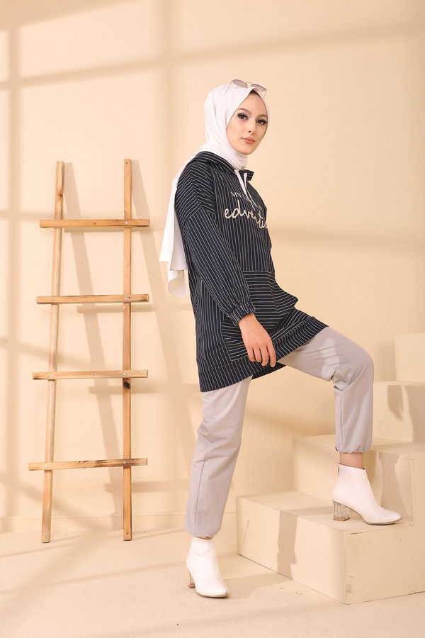 Düz Kapşonlu Yaka Kadın Lacivert 4161 TUNIK - 4161 LACİVERT
