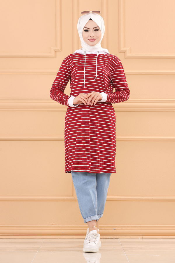 Düz Kapsonlu Yaka Kadın Bordo TUNIK - 3739