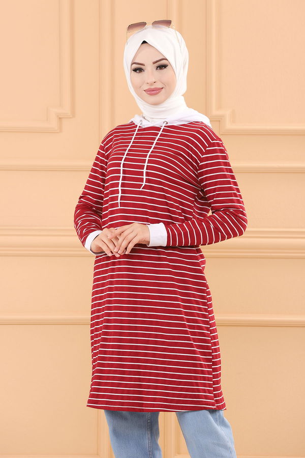 Düz Kapsonlu Yaka Kadın Bordo TUNIK - 3739