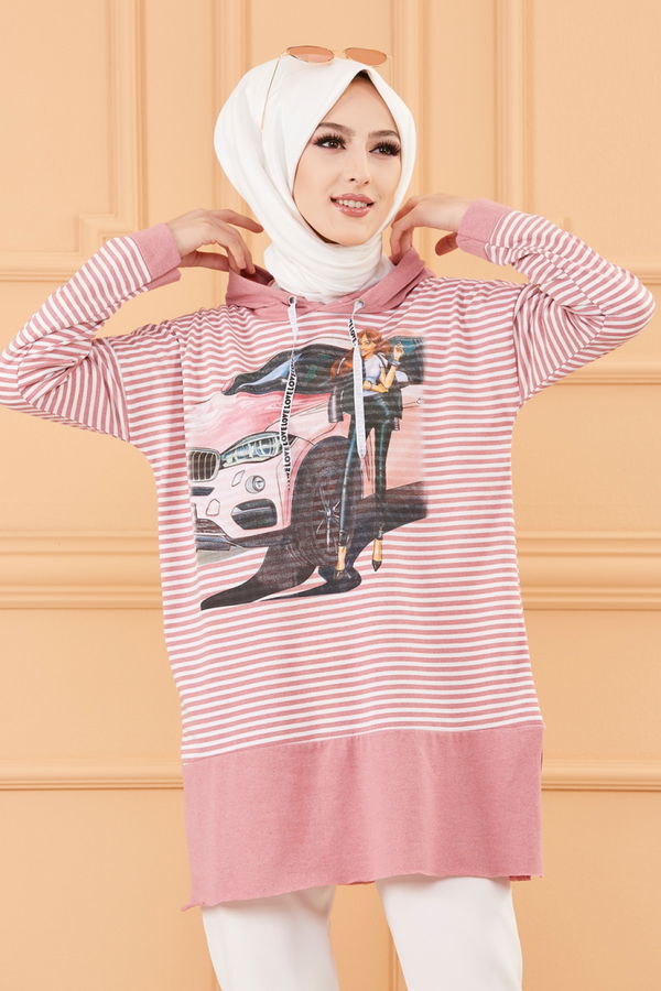 Düz Orta Kadın Pembe BASKLI TUNIK - 8771 PEMBE