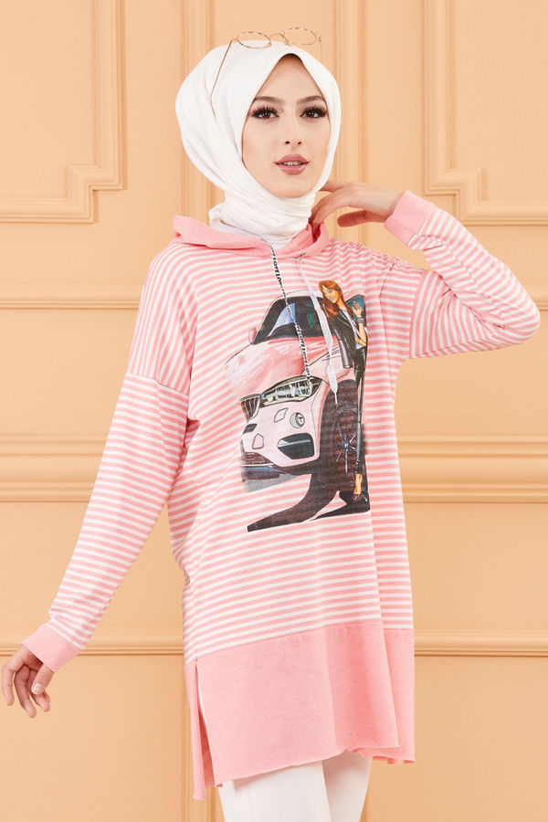 Düz Orta Kadın Pembe BASKLI TUNIK - 8771 PEMBE