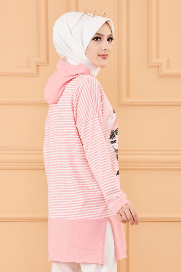 Düz Orta Kadın Pembe BASKLI TUNIK - 8771 PEMBE