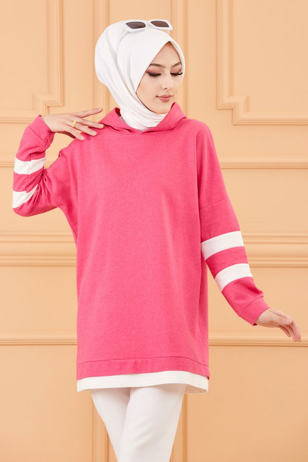 Düz Kapsonlu Yaka Kadın Fuşya Tunik - 3426