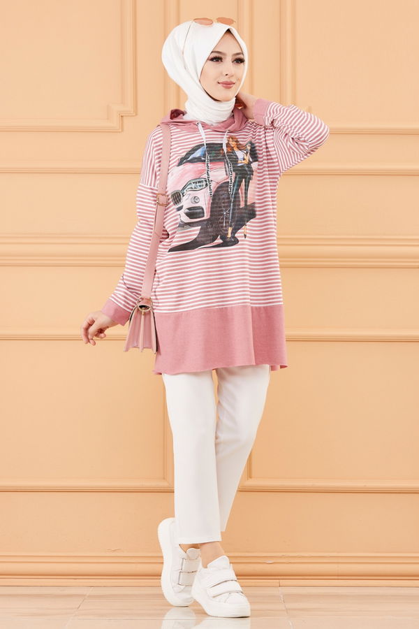 Düz Orta Kadın Pembe BASKLI TUNIK - 8771 PEMBE