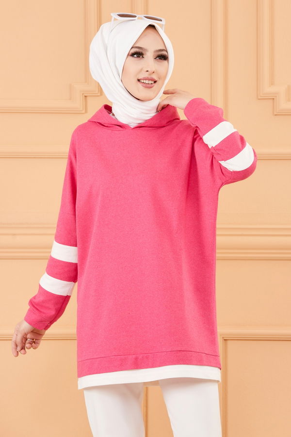 Düz Kapsonlu Yaka Kadın Fuşya Tunik - 3426