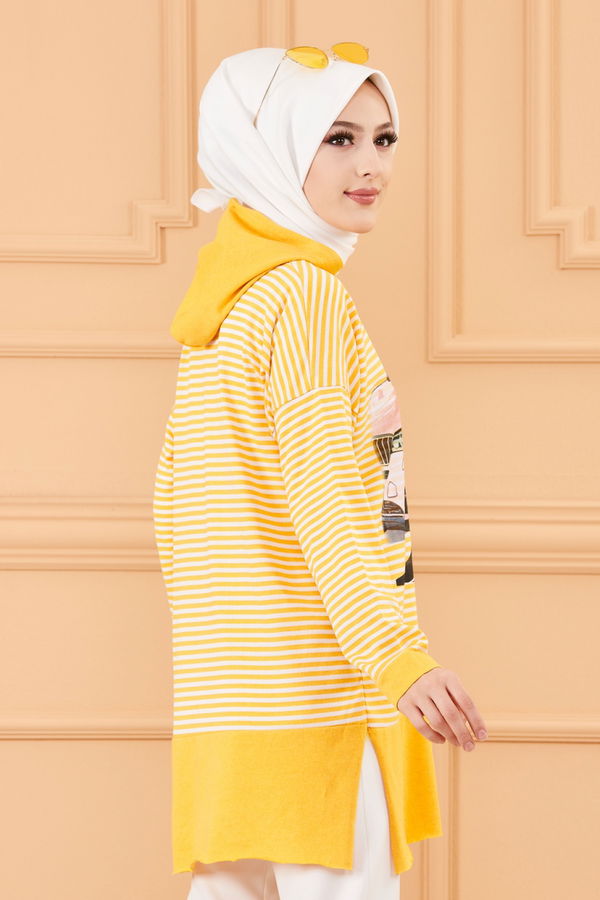 Düz Orta Kadın Sarı BASKLI TUNIK - 8771 Sarı