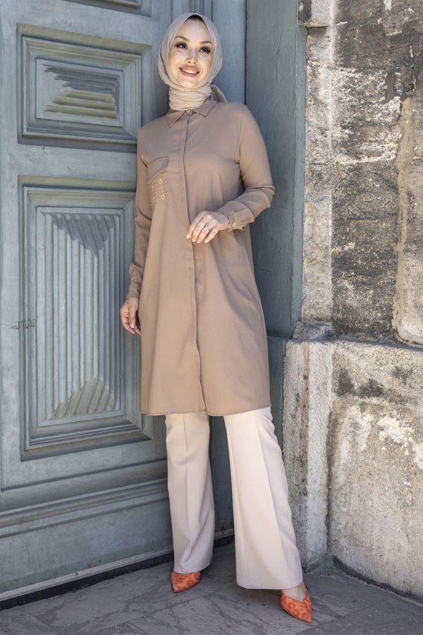 Düz Gömlek Yaka Kadın Vizon Tunik - 3984