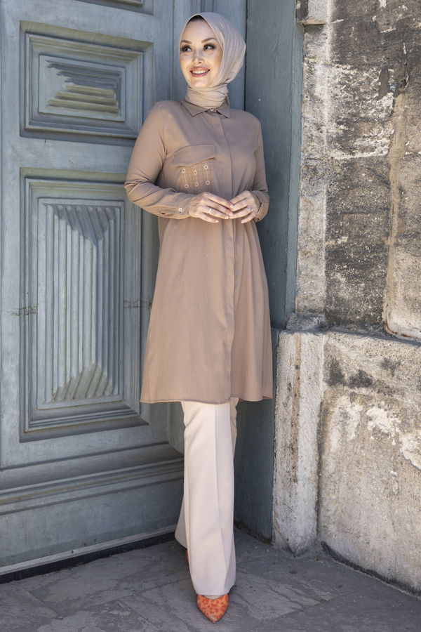 Düz Gömlek Yaka Kadın Vizon Tunik - 3984