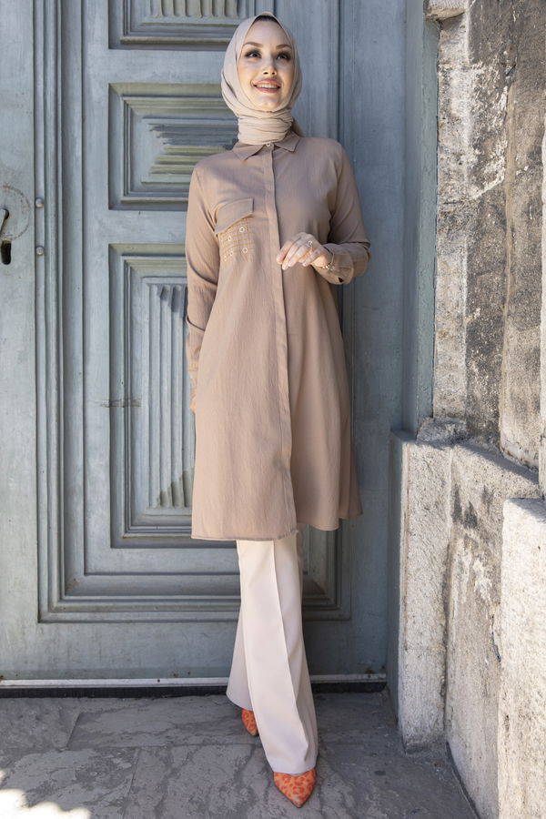 Düz Gömlek Yaka Kadın Vizon Tunik - 3984