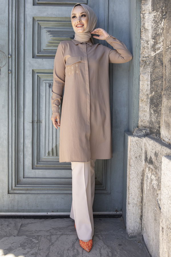 Düz Gömlek Yaka Kadın Vizon Tunik - 3984