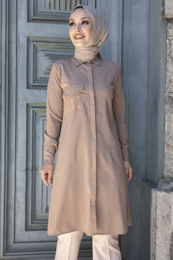Düz Gömlek Yaka Kadın Vizon Tunik - 3984
