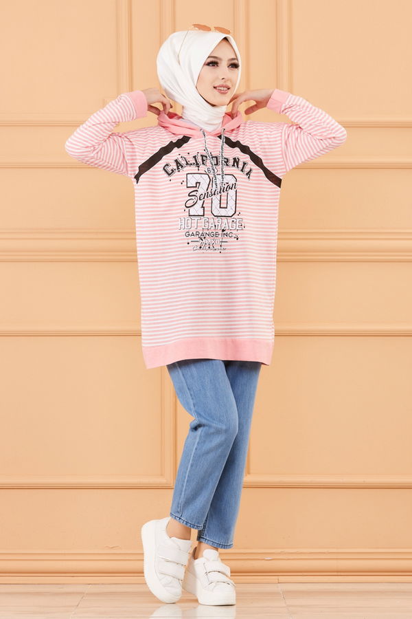 Düz Orta Kadın Pembe BASKILI TUNIK - 8772