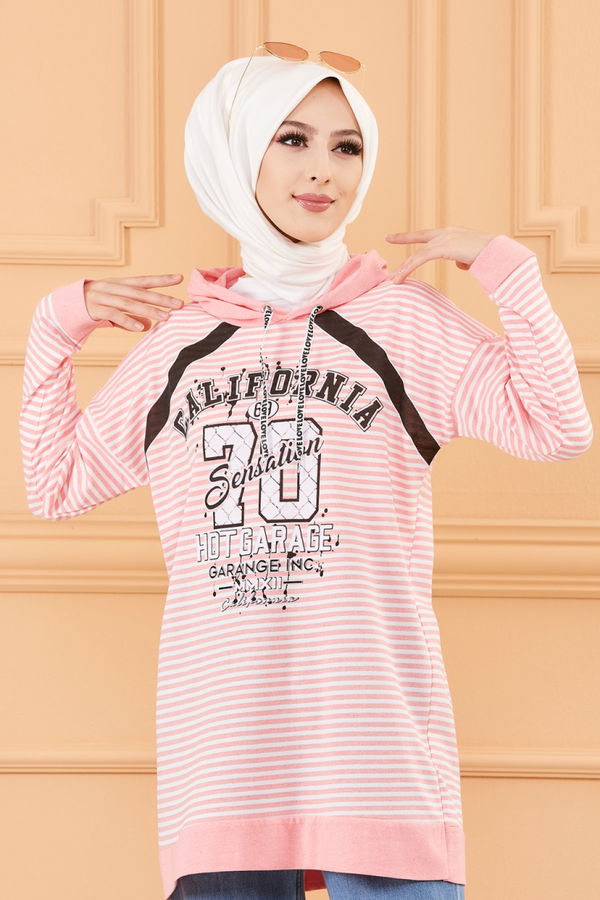 Düz Orta Kadın Pembe BASKILI TUNIK - 8772