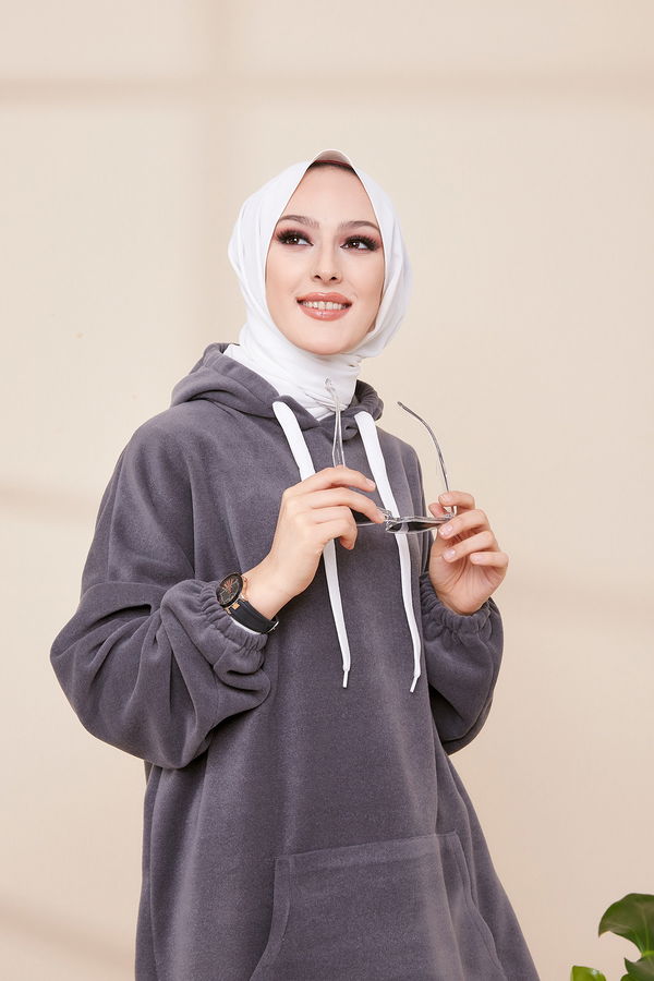 Düz Orta Kadın Gri KAPSONLU SWEAT - 3478 GRİ