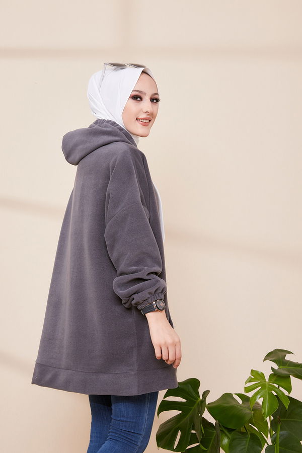 Düz Orta Kadın Gri KAPSONLU SWEAT - 3478 GRİ
