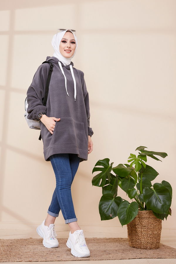Düz Orta Kadın Gri KAPSONLU SWEAT - 3478 GRİ