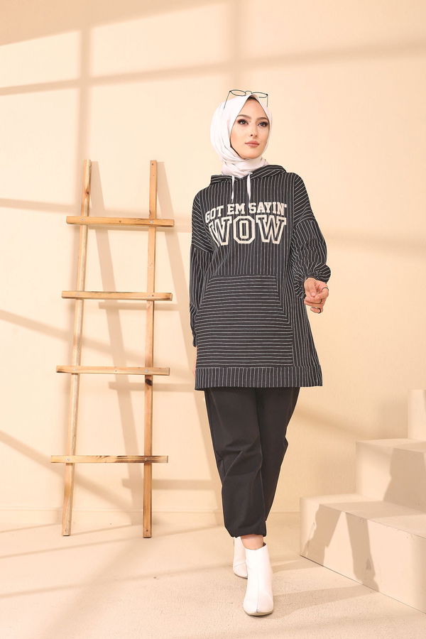 Düz Kapşonlu Yaka Kadın Siyah 4155 TUNIK - 4155 SİYAH