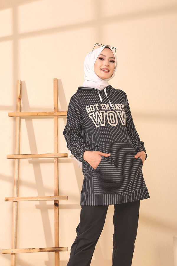Düz Kapşonlu Yaka Kadın Siyah 4155 TUNIK - 4155 SİYAH