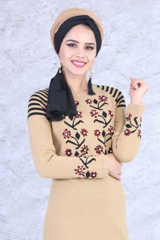 Düz Orta Kadın Siyah Elbise Şal Kombin - 9011