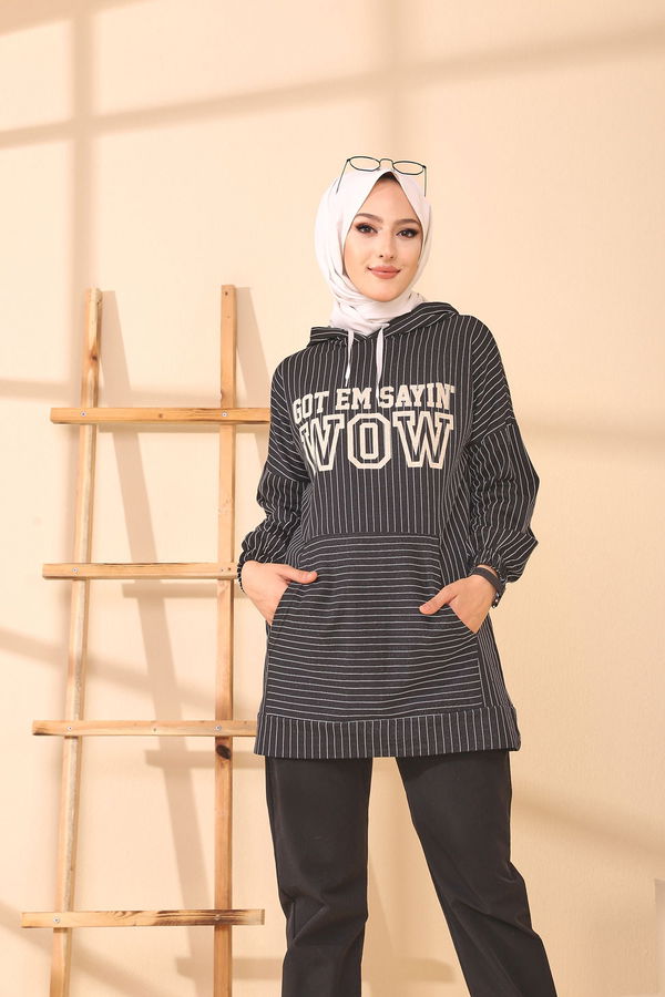 Düz Kapşonlu Yaka Kadın Siyah 4155 TUNIK - 4155 SİYAH