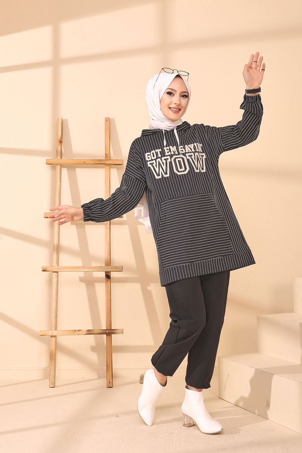 Düz Kapşonlu Yaka Kadın Siyah 4155 TUNIK - 4155 SİYAH